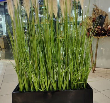 Artificial Plant Grass in Rectangle Pot Plants UAE. Artificial grass in a black planter with a store interior background