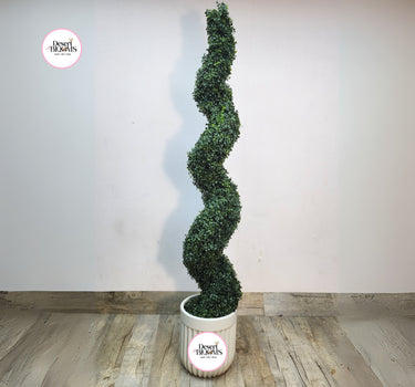 Artificial Spiral Topiary Outdoor Plants UAE. Spiral topiary plant in a pot with 'Desert Blooms' branding on a plain background